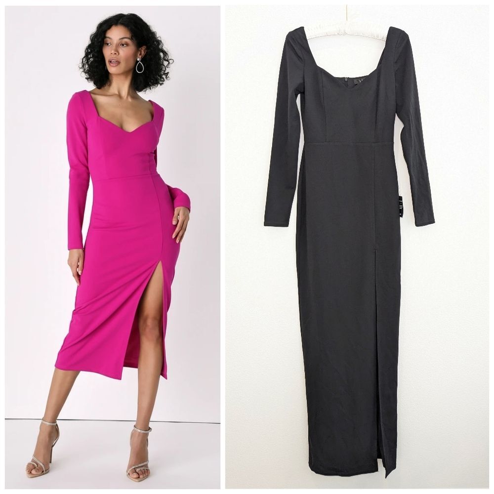 NWT Lulu's Magenta Long Sleeve Bodycon Midi Dress in Black